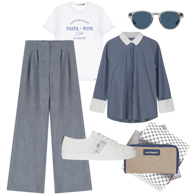 Outfit donna - Look metropolitano. Stile Urban per Tutti i giorni. Abbinamento con pantaloni, t-shirt, sneakers, occhiali da sole, camicie, portafogli.