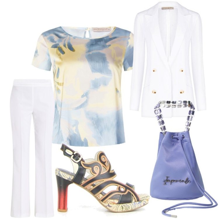 Outfit donna - Il bianco. Stile Casual chic per Tutti i giorni. Abbinamento con pantaloni, bluse, blazer, borse a secchiello, sandali col tacco.