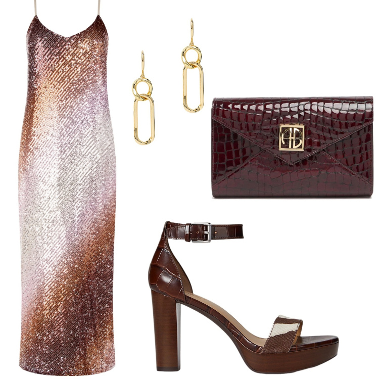 Outfit donna - Abito sottoveste paillettes. Stile Chic per Cerimonia. Abbinamento con vestiti lunghi, sandali in pelle, orecchini, pochette.