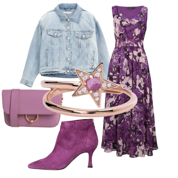 Outfit donna - Viola. Stile Casual chic per Serata fuori. Abbinamento con vestiti lunghi, stivaletti, borse a tracolla, anelli, blazer.