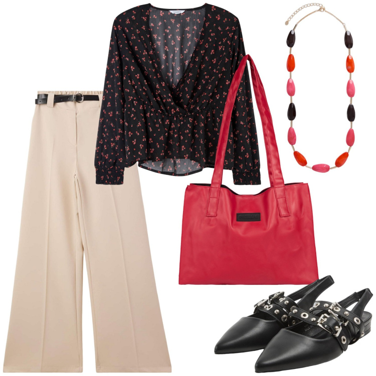 Outfit donna - Blusa stampa microfiori. Stile Romantica per Tutti i giorni. Abbinamento con bluse, pantaloni, sabot, shopping bag, collane.