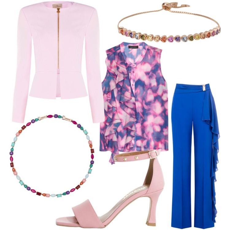 Outfit donna - Rosa e blu. Stile Glamour per Serata fuori. Abbinamento con braccialetti, collane, pantaloni, blazer, sandali col tacco, top.