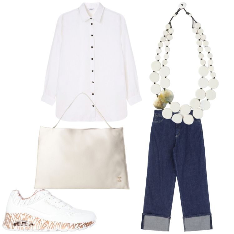 Outfit donna - Oggi in jeans. Stile Casual per Tutti i giorni. Abbinamento con ciondoli, borse a spalla, jeans, sneakers, camicie.