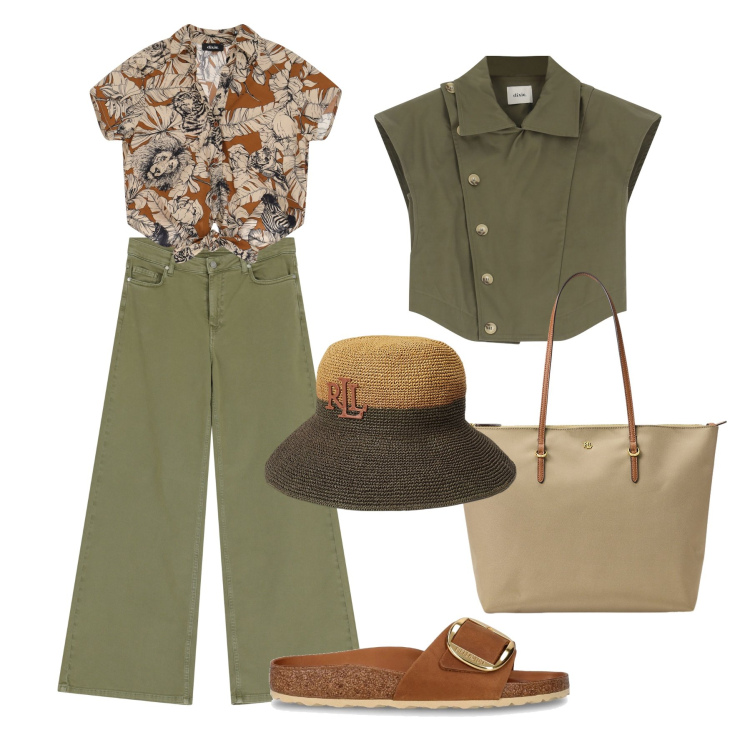 Outfit donna - Comoda in città. Stile Casual per Tutti i giorni. Abbinamento con pantaloni, gilet, camicie a manica corta, borse tote, cappelli, sandali in pelle.
