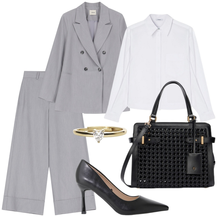 Outfit donna - Mannish in ufficio. Stile Mannish per Ufficio. Abbinamento con anelli, décolleté, pantaloni a palazzo, blazer, borse a mano, camicie.