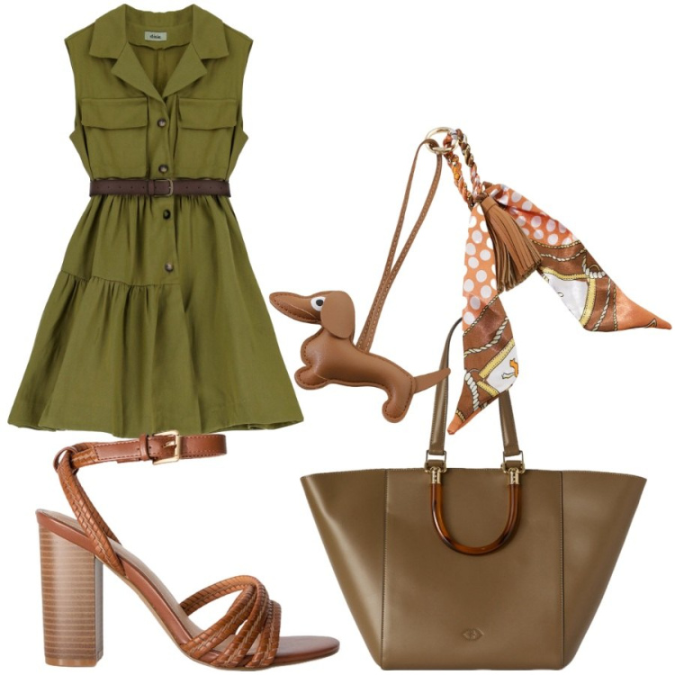 Outfit donna - Welcome to the jungle. Stile Trendy per Tutti i giorni. Abbinamento con portachiavi, vestiti corti, sandali col tacco, shopping bag.