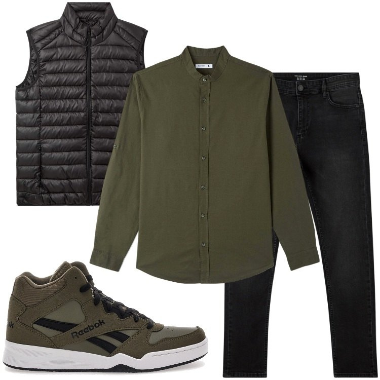 Outfit uomo - Vento di primavera. Stile Casual per Tutti i giorni. Abbinamento con camicie, jeans skinny, gilet, sneakers.