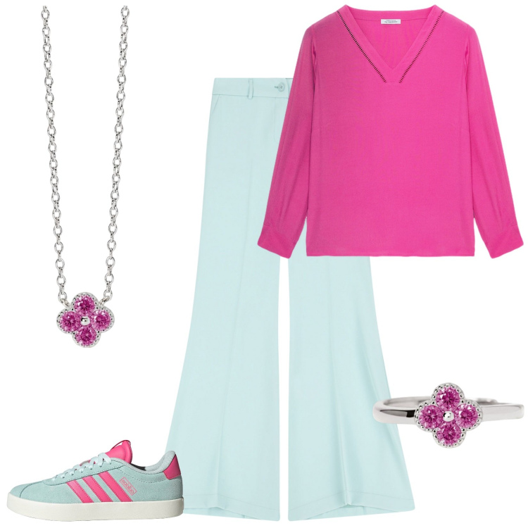 Outfit donna - New shop, new outfit. Stile Casual per Tutti i giorni. Abbinamento con collane, anelli, pantaloni, sneakers, bluse.