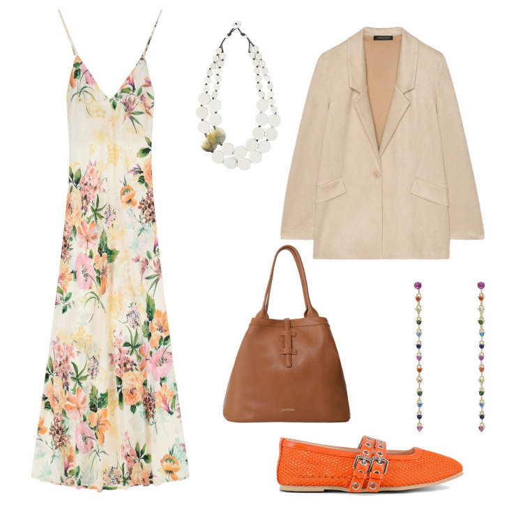 Outfit donna - Fiori d\'arancio. Stile Casual per Tutti i giorni. Abbinamento con orecchini, vestiti lunghi, borse tote, ballerine, blazer, ciondoli.