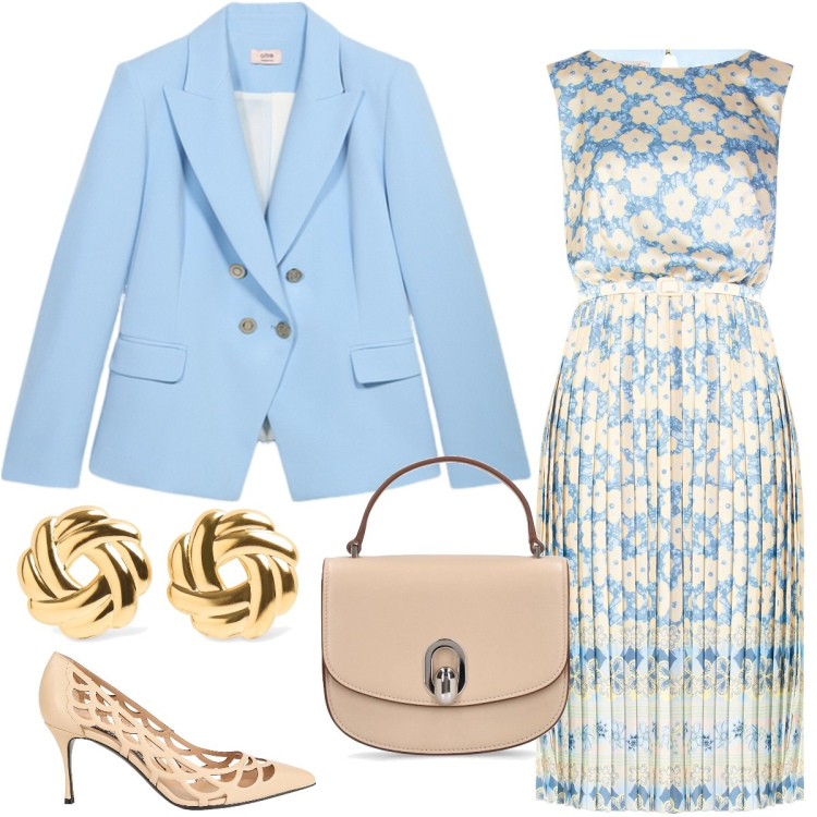 Outfit donna - Pranzo con le amiche. Stile Bon Ton per Tutti i giorni. Abbinamento con décolleté, vestiti midi/longuette, orecchini, borse a mano, blazer.