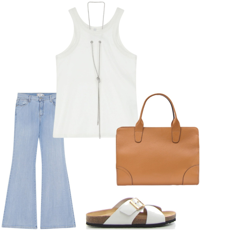 Outfit donna - Total look #2131016. Stile Casual per Tutti i giorni. Abbinamento con jeans a zampa, top, borse tote, ciabatte.