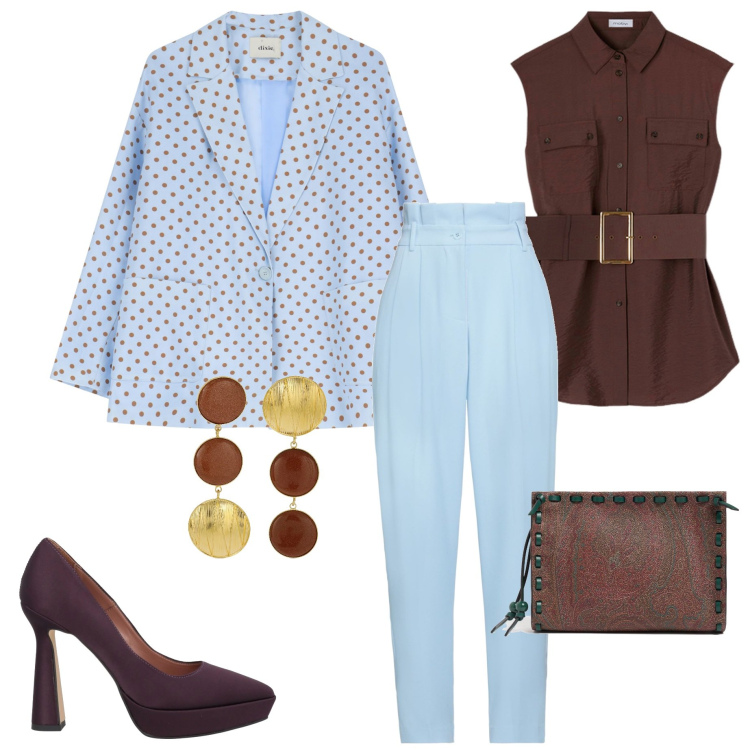 Outfit donna - Giacca a pois. Stile Glamour per Serata fuori. Abbinamento con décolleté, pantaloni, blazer, orecchini, pochette, camicie.
