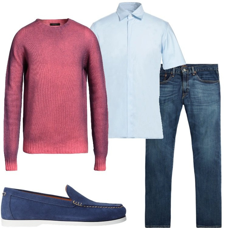 Outfit uomo - Un tocco di colore. Stile Business/Elegante per Ufficio. Abbinamento con pullovers, camicie a manica corta, jeans dritti, scarpe stringate.