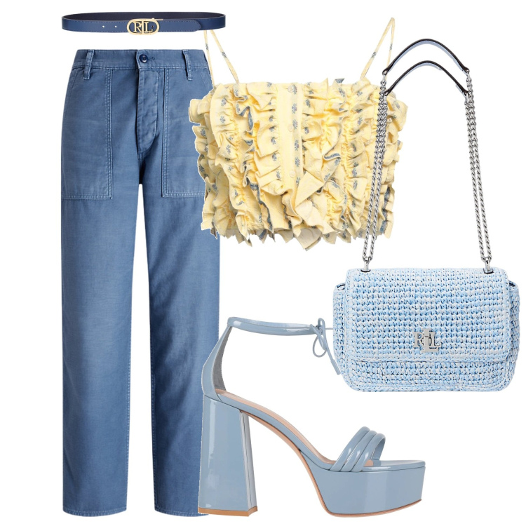 Outfit donna - Crop top. Stile Casual chic per Tutti i giorni. Abbinamento con sandali in pelle, top, cinture, pantaloni, borse a spalla.