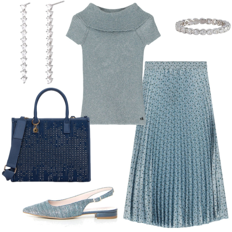 Outfit donna - New shop, new style. Stile Glamour per Tutti i giorni. Abbinamento con anelli, orecchini, pullovers, gonne lunghe, borse a mano, décolleté.