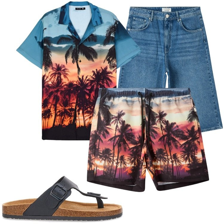 Outfit uomo - Sole & Libertà. Stile Casual per Mare. Abbinamento con pantaloni corti, costumi, camicie a manica corta, sandali.