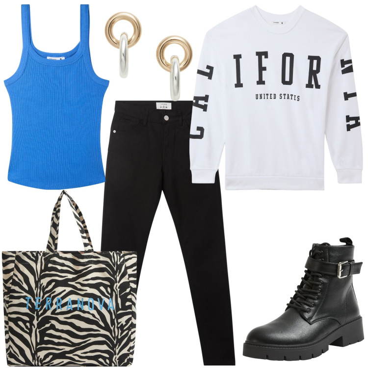 Outfit donna - Canotta azzurra/ pantaloni neri. Stile Basic per Tutti i giorni. Abbinamento con borse tote, pantaloni, anfibi, felpe, canottiere, orecchini.