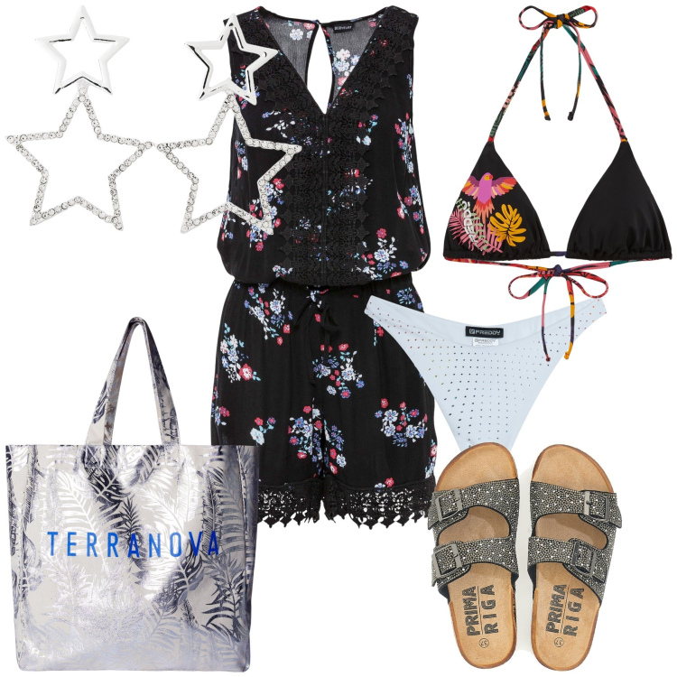 Outfit donna - Con la tutina chic e l argento chic sea. Stile Glamour per Mare. Abbinamento con tuta corta, borse tote, orecchini, bikini, bikini, ciabatte.