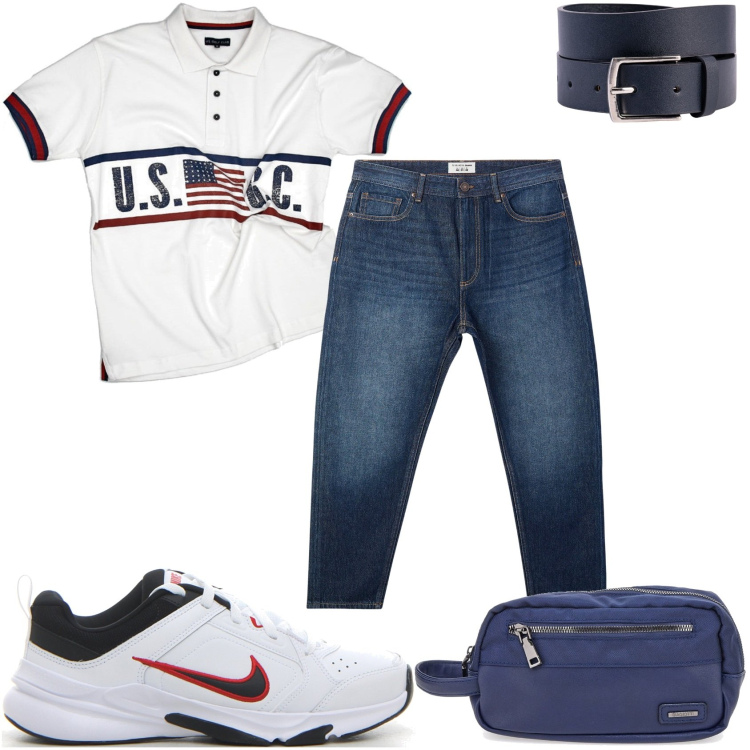 Outfit uomo - Jeans e maglietta. Stile Casual per Tutti i giorni. Abbinamento con jeans, polo, cinture, borse sportive, sneakers.