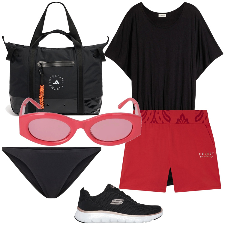 Outfit donna - Black and red beach. Stile Casual chic per Mare. Abbinamento con vestiti da spiaggia, shorts, sneakers, occhiali da sole, shopping bag, bikini.