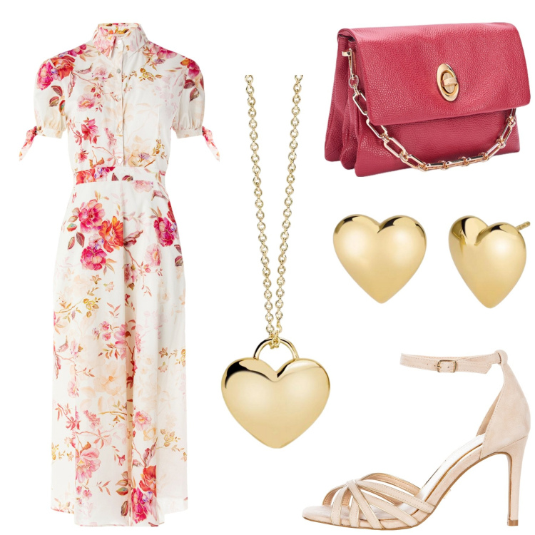 Outfit donna - Total look #2131055. Stile Romantica per Tutti i giorni. Abbinamento con orecchini, collane, vestiti chemisier, sandali col tacco, borse a tracolla.