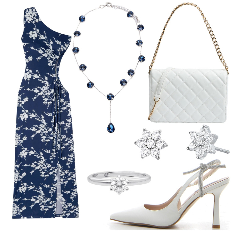 Outfit donna - Total look #2131062. Stile Chic per Cerimonia. Abbinamento con vestiti asimmetrici, borse a tracolla, orecchini, anelli, décolleté, collane.