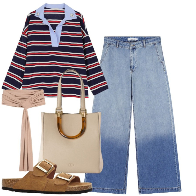 Outfit donna - Passeggiando al mare. Stile Basic per Mare. Abbinamento con ciabatte, maglieria, jeans, shopping bag, scialli.