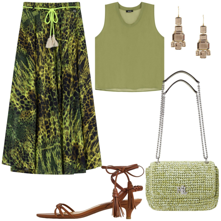 Outfit donna - Total look #2131069. Stile Boho per Tutti i giorni. Abbinamento con top, gonne lunghe, sandali col tacco, orecchini, borse a spalla.