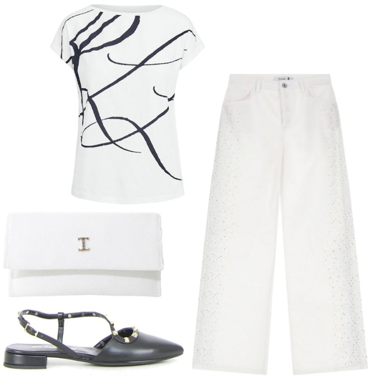 Outfit donna - White. Stile Minimal per Tutti i giorni. Abbinamento con pantaloni, borse a tracolla, maglieria, sandali in pelle.
