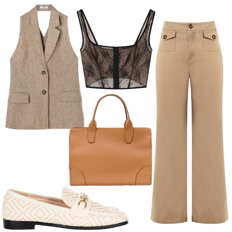 Outfit donna - Total look #2131078. Stile Mannish per Ufficio. Abbinamento con top, mocassini, pantaloni, gilet, borse tote.