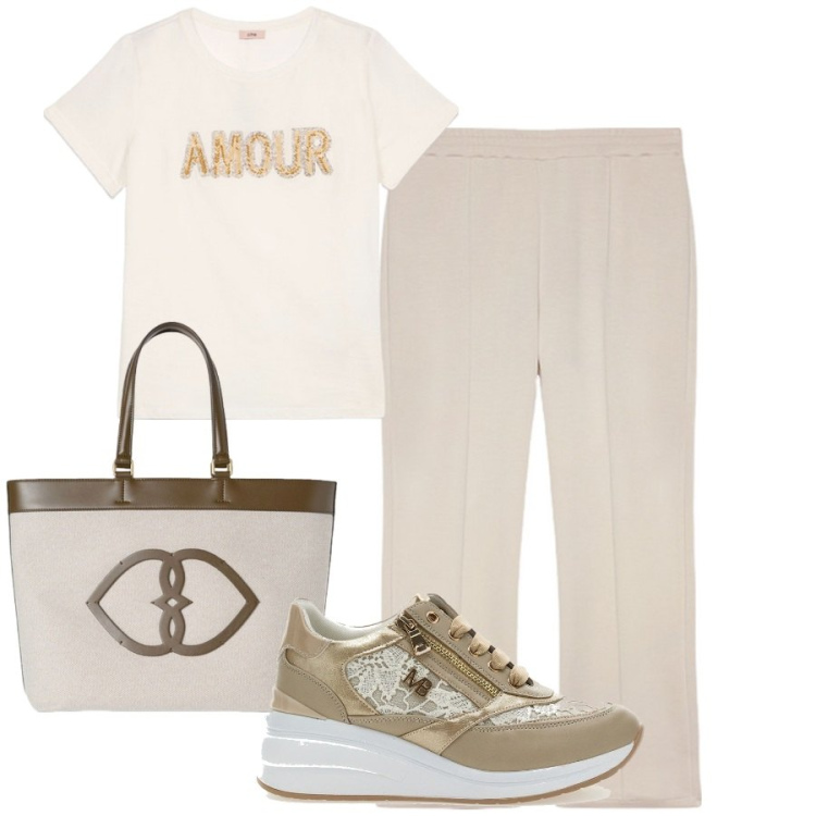 Outfit donna - Basic in città. Stile Basic per Tutti i giorni. Abbinamento con pantaloni, scarpe stringate, t-shirt, shopping bag.