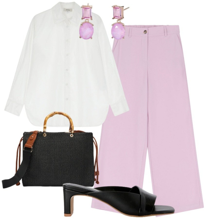 Outfit donna - Sabot in ufficio. Stile Minimal per Ufficio. Abbinamento con orecchini, camicie, pantaloni a palazzo, sabot, borse a mano.