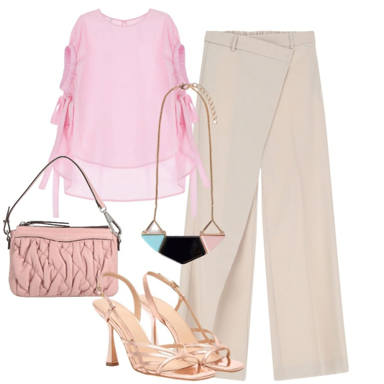 Outfit donna - Blusa fluida e pantaloni morbidi. Stile Minimal per Ufficio. Abbinamento con borse a mano, pantaloni, camicie a manica corta, ciondoli, sandali col tacco.