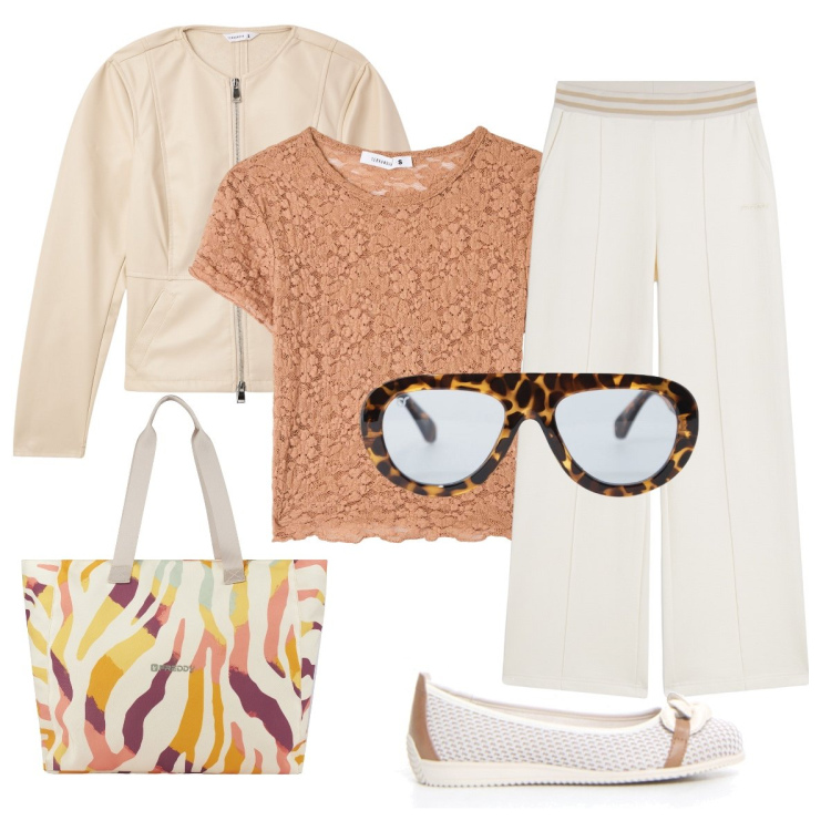 Outfit donna - La montatura animalier. Stile Chic per Tutti i giorni. Abbinamento con blazer, t-shirt, occhiali da sole, pantaloni, shopping bag, ballerine.