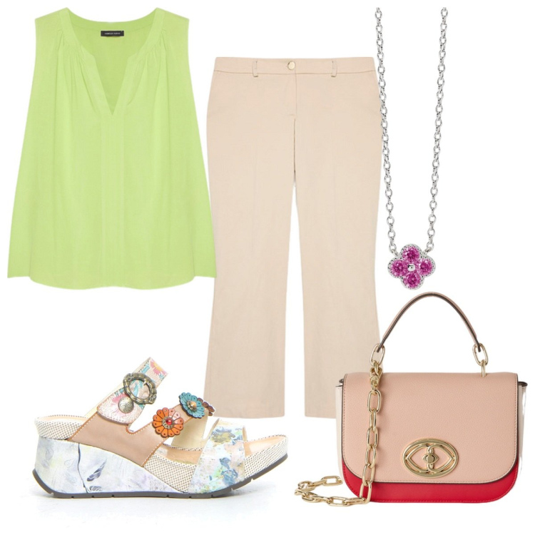 Outfit donna - Boscaini Scarpe! Estate trendy. Stile Trendy per Tutti i giorni. Abbinamento con collane, top, pantaloni, ciabatte, borse a tracolla.