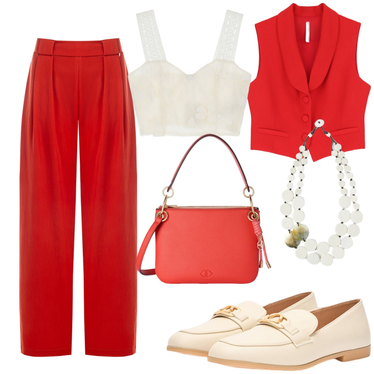 Outfit donna - Total look #2131109. Stile Mannish per Ufficio. Abbinamento con pantaloni, gilet, top, borse a tracolla, ciondoli, mocassini.