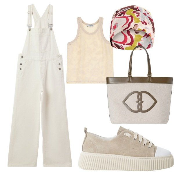 Outfit donna - la salopette. Stile Urban per Mare. Abbinamento con salopette, sciarpe, top, sneakers, shopping bag.