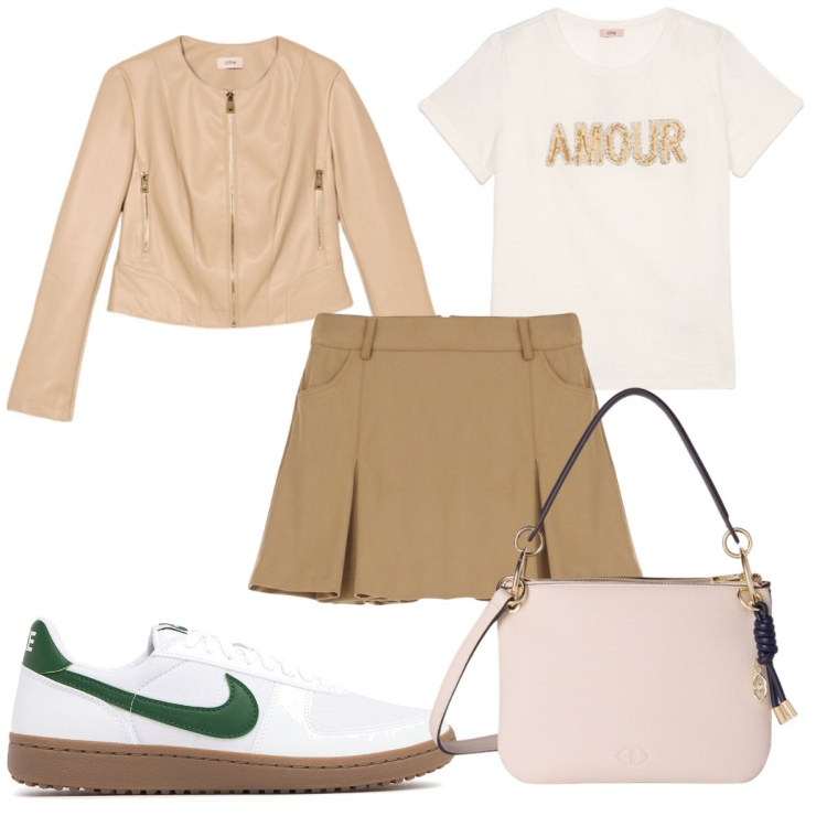 Outfit donna - Total look #2131128. Stile Trendy per Tutti i giorni. Abbinamento con minigonne, sneakers, borse a tracolla, giacche, t-shirt.
