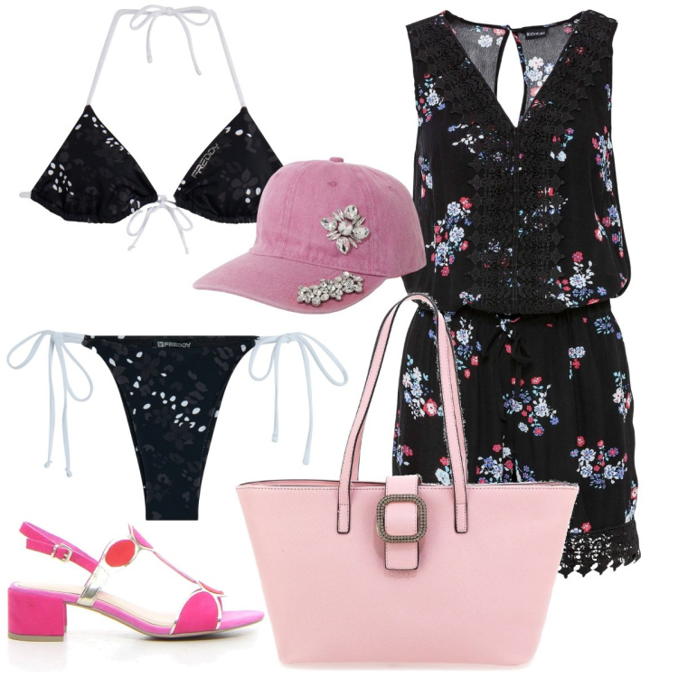 Outfit donna - Total look #2131129. Stile Glamour per Mare. Abbinamento con tuta corta, bikini, bikini, cappelli, sandali col tacco, borse a spalla.