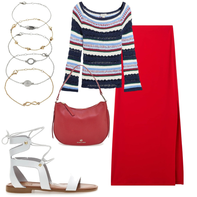 Outfit donna - La maglia tricot. Stile Trendy per Tutti i giorni. Abbinamento con braccialetti con ciondoli, maglieria, gonne lunghe, sandali, borse a tracolla.