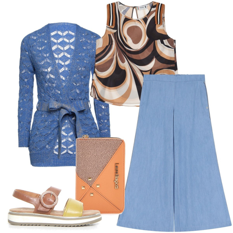 Outfit donna - Il cardigan traforato. Stile Casual chic per Tutti i giorni. Abbinamento con cardigans, pantaloni a palazzo, top, portafogli, sandali.