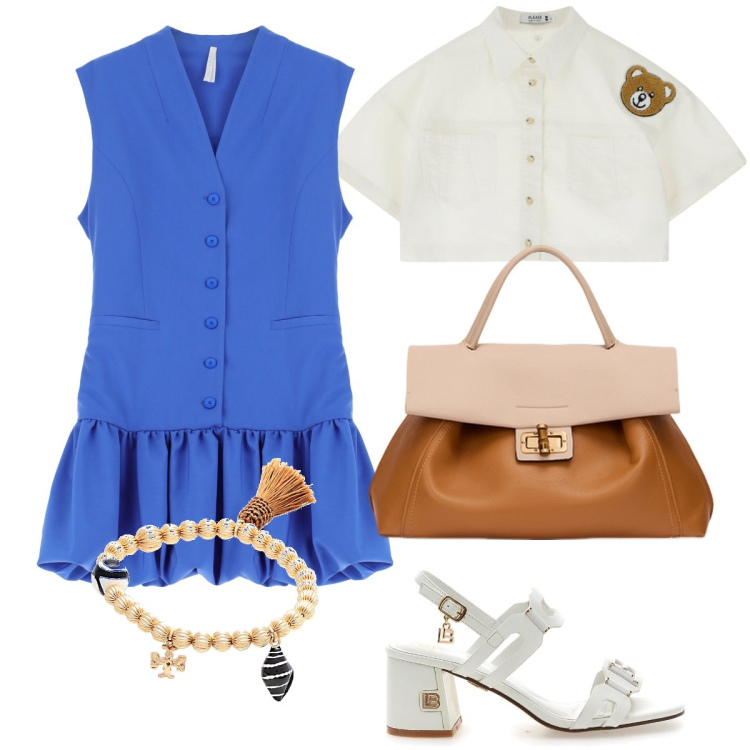Outfit donna - Aperitivo con le amiche. Stile Preppy per Serata fuori. Abbinamento con braccialetti, vestiti corti, blazer, sandali col tacco, borse a tracolla.
