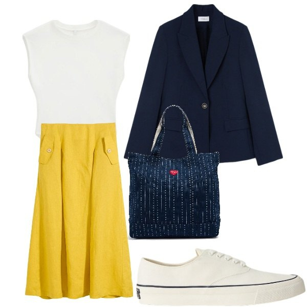 Outfit donna - giallo e blu. Stile Casual per Tutti i giorni. Abbinamento con gonne, top, sneakers, blazer, borse tote.