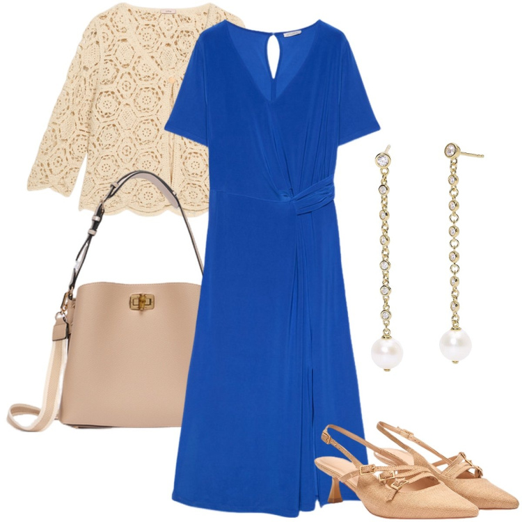 Outfit donna - Cresima di mia nipote. Stile Bon Ton per Cerimonia. Abbinamento con orecchini, vestiti midi/longuette, cardigans, décolleté, borse a secchiello.