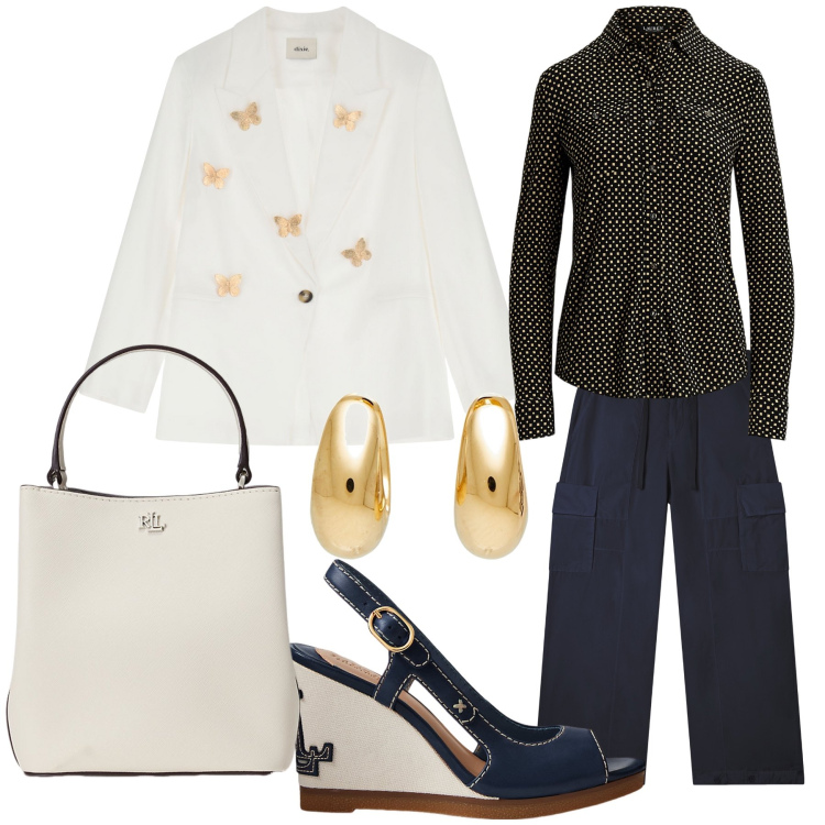 Outfit donna - Un blazer originale con decorazioni. Stile Urban per Ufficio. Abbinamento con orecchini, pantaloni cargo, blazer, camicie, sandali in pelle, borse a secchiello.