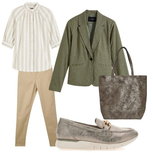 Outfit donna - in metro. Stile Urban per Tutti i giorni. Abbinamento con blazer, camicie, pantaloni skinny, borse tote, mocassini.