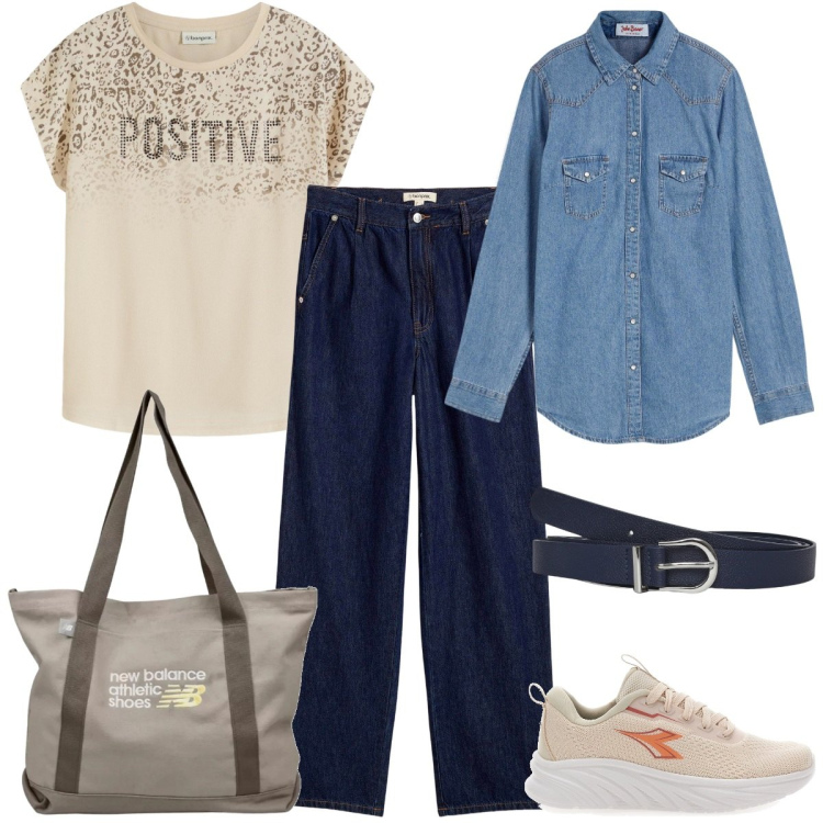 Outfit donna - Total look #2131158. Stile Casual chic per Tutti i giorni. Abbinamento con camicie, jeans dritti, maglieria, cinture, shopping bag, sneakers.