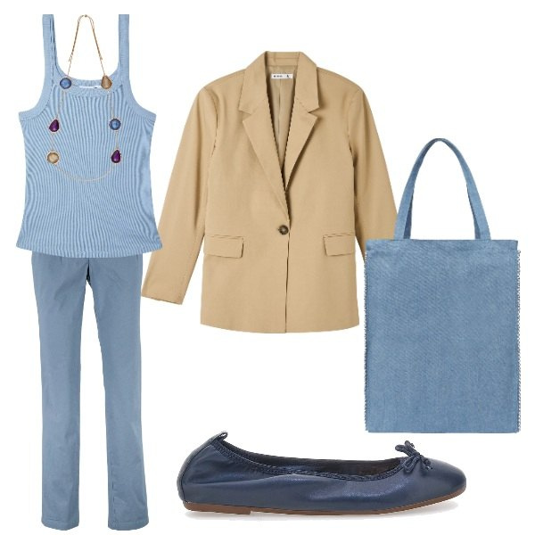 Outfit donna - la domenica da Matilde. Stile Casual per Tutti i giorni. Abbinamento con pantaloni chino, blazer, borse tote, canottiere, ballerine, collane.