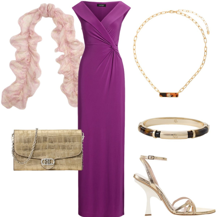Outfit donna - Un abito chic. Stile Chic per Cerimonia. Abbinamento con vestiti lunghi, collane, borse a tracolla, foulard, braccialetti, sandali col tacco.