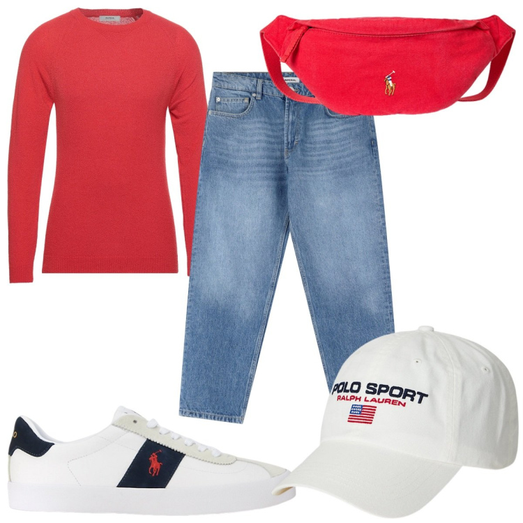 Outfit uomo - Total look #2131169. Stile Trendy per Sport. Abbinamento con pullovers, jeans, berretti, sneakers, borse sportive.